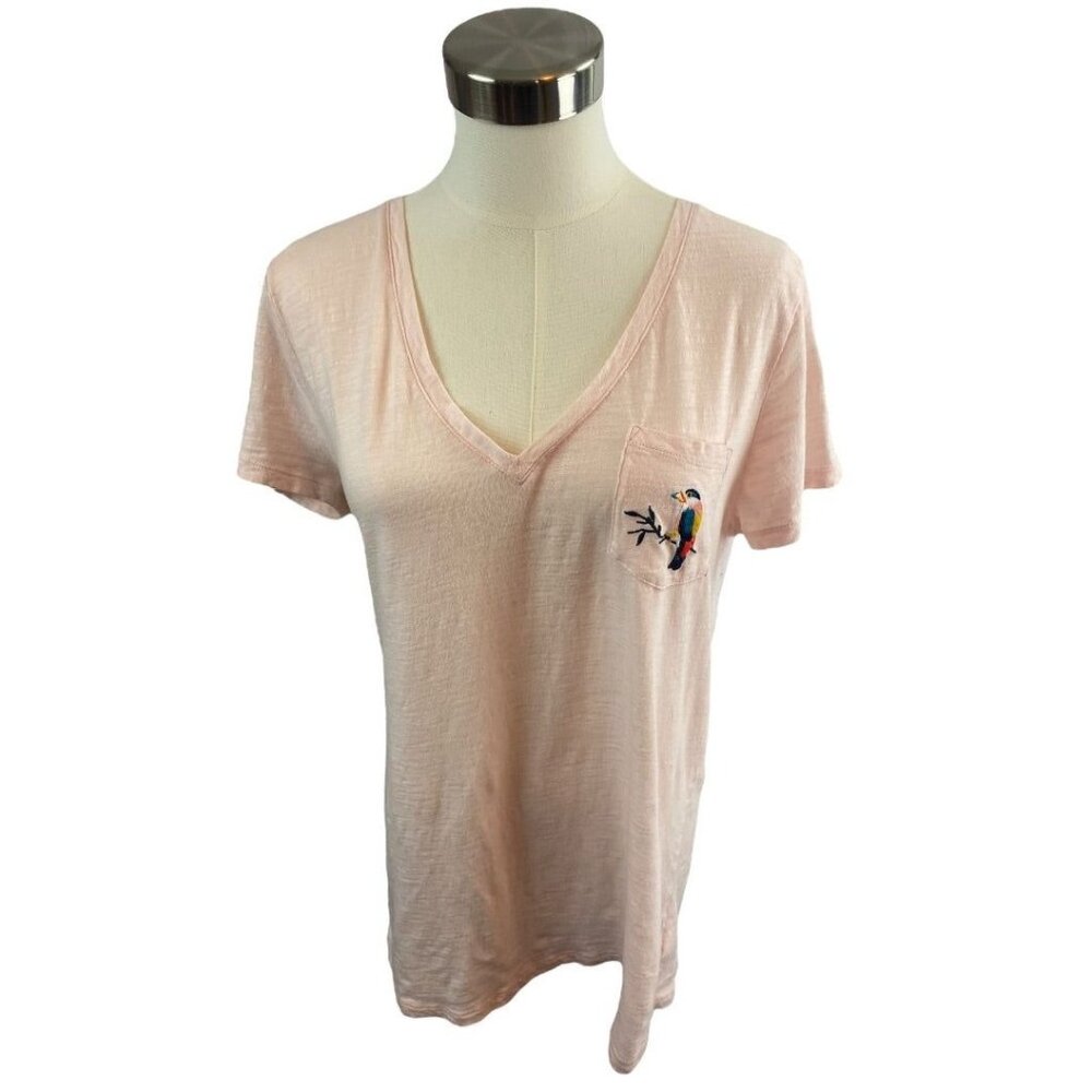 XL a new day Women's Pink V-Neck Single Pocket Short Sleeve Bird Embroidery